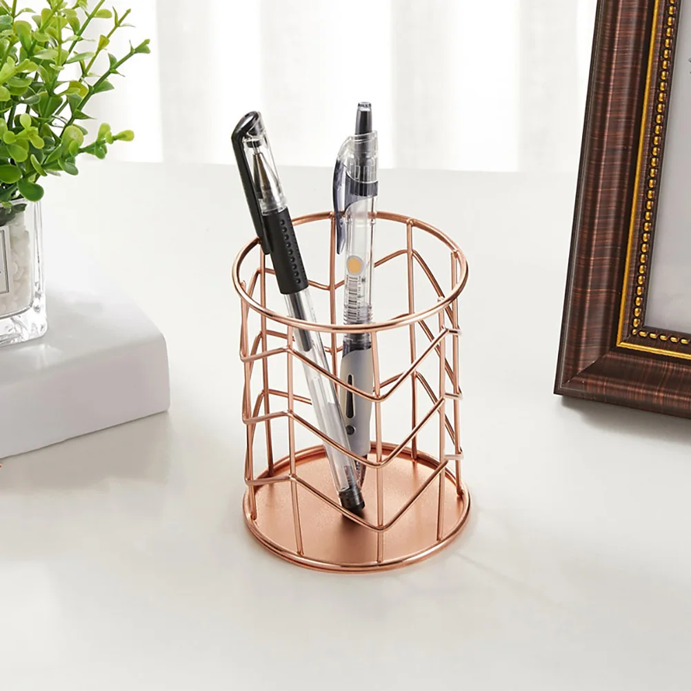 

Gold Plated Iron Pen Holder Desktop Organizer Makeup Brush Container Rustproof Simple Design Storage Box For Office Home
