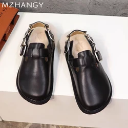 Women Leather Mules Cotton Shoes Flats Fur Buckle Slippers Woman 2025 Trend Winter Warm Casual Fashion New Cozy Mujer Snow Boots