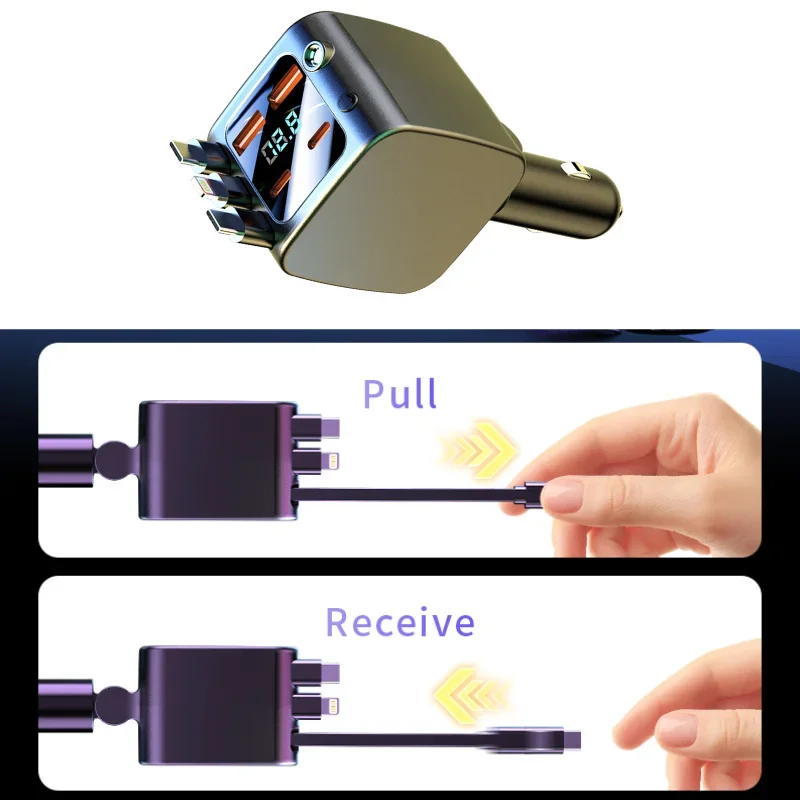 شاحن سيارة 7 في 1 بقدرة 120 وات، شحن سريع للغاية مع كابل قابل للسحب وعرض جهد الضوء المحيط لهاتف iPhone Huawei Samsung #3