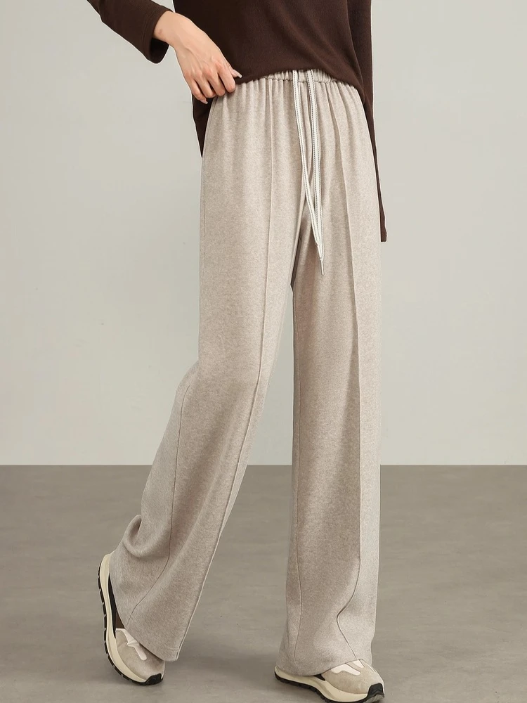 SENTUBILA Women's Sportswear Autumn Solid Minimalist Casual Wide-leg Pants Drawstring Waist Loose Full-length Pants 153KD3495