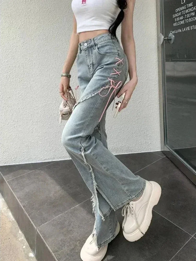 الكورية الشارع الشهير عادية واسعة الساق بنطلون Y2K خمر عالية الخصر مضيئة الجينز المرأة موضة ضمادة شق سليم الدينيم السراويل الصيف