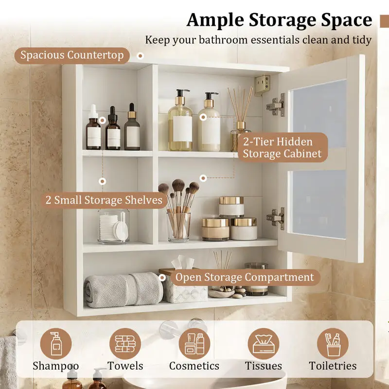 Wall-Mounted Mirror Cabinet with 2 Hidden Shelves and 3 Open Compartments-White view 4