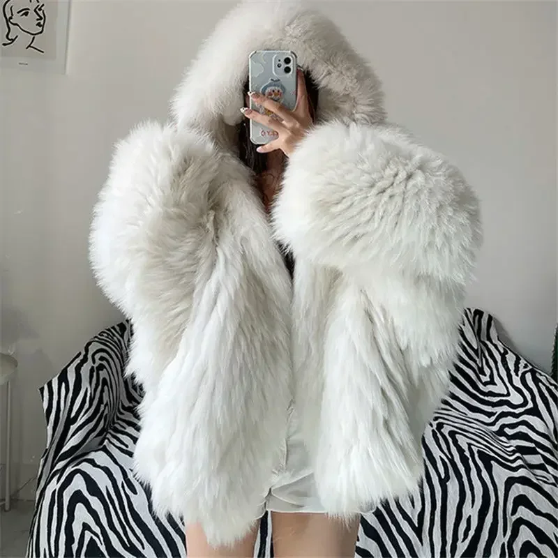 

Winter Short Bat Full Sleeve Hooded Coats Slim Spliced Thick Coat Loose Open Stitch Jacket Faux Fur Coat Women