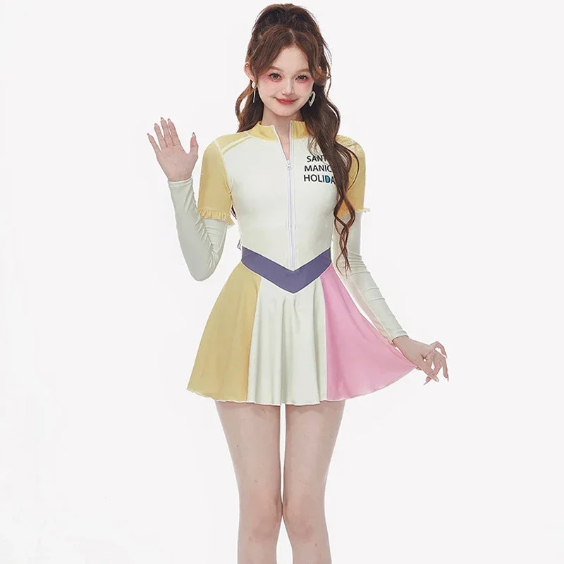 Cute Long Sleeve Rash Guard Women Patchwork One Piece Swimsuit Dress Zipper Swimwear Surfing Suit High Neck Diving Clothes