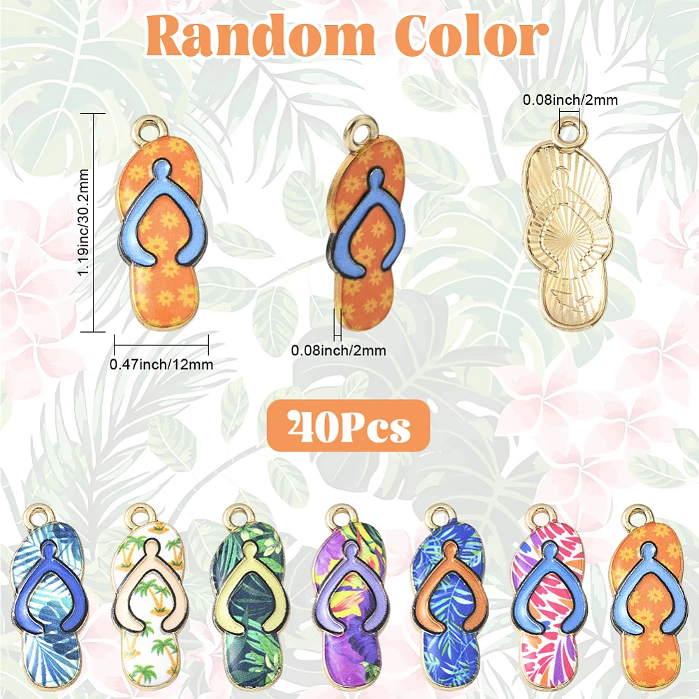 40Pcs Flip Flop Charms Mini Slipper Charms Bulk Hawaii Beach Plant Leaves Flower Printed Summer Shoes Small Flipflop Pendants