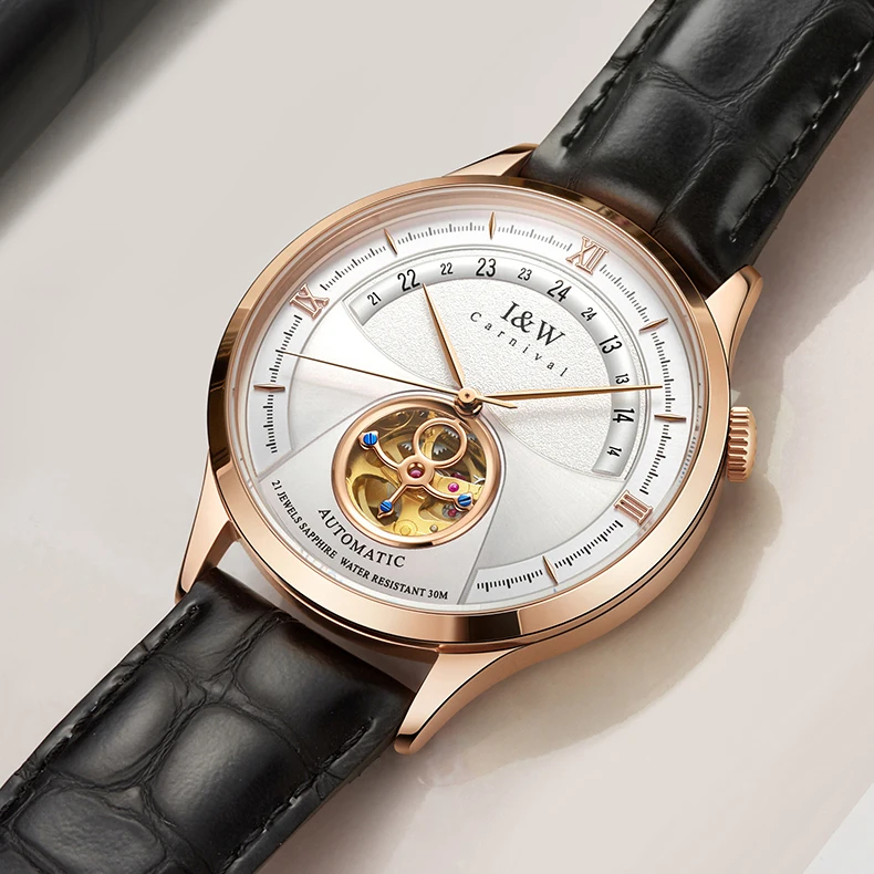 I&W Men Automatic Watch 41mm Mechanical Wristwatch Skeleton Dial 50m Waterproof Sapphire Mirror Leather Strap