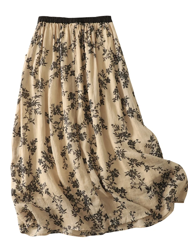 Spódnica midi w stylu retro z bawełny i lnu z nadrukiem, damska, letnia, nowa, z wysokim stanem, luźna, w kształcie litery A, w dużych rozmiarach.