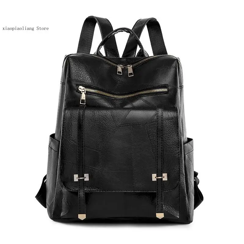 European and American Retro Pu Leather Multi Zipper Compartment Large Capacity Portable Backpack for Women