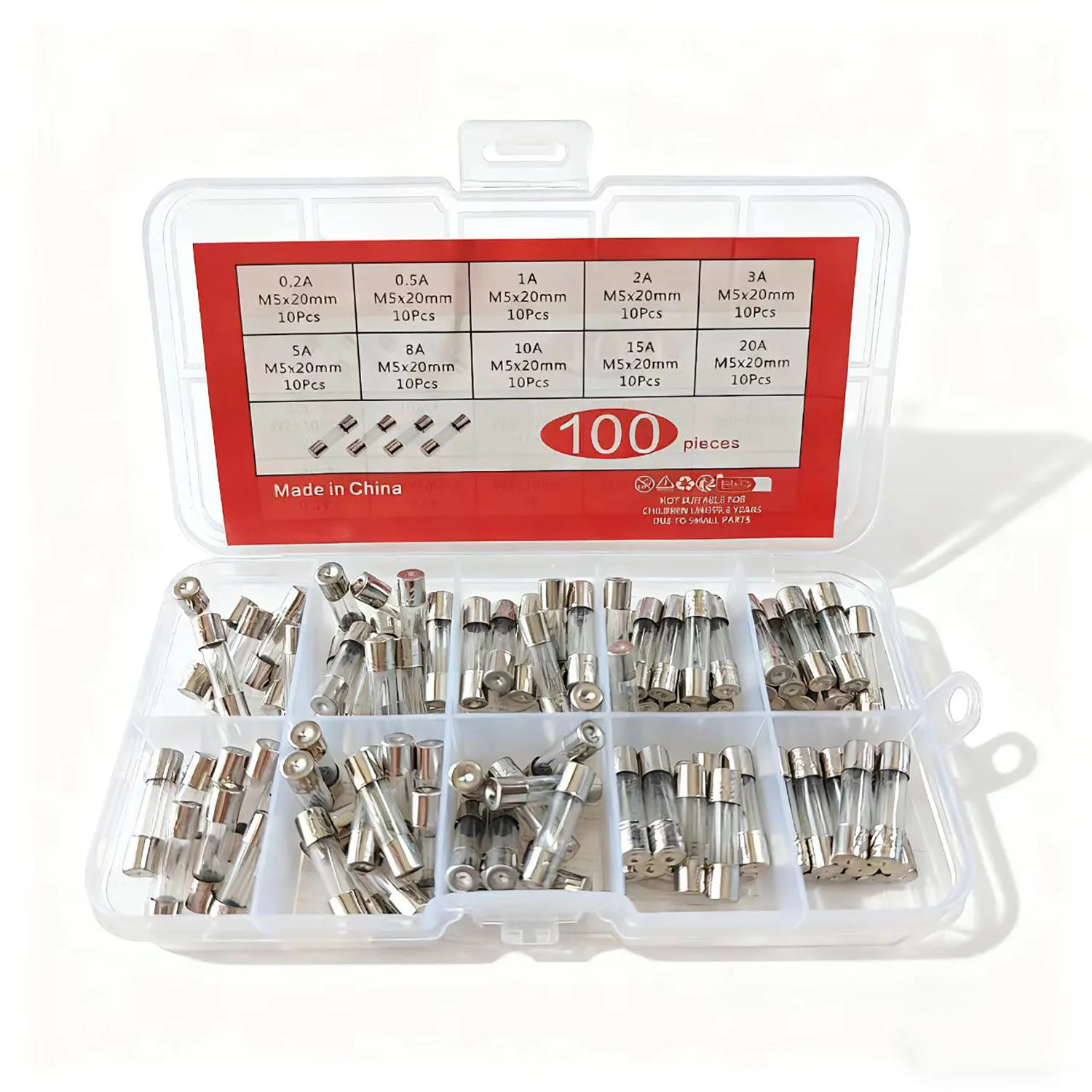 100PCS 5*20MM glass fuse box, containing 10 types of fuses with 10 pieces of each, ranging from 0.2A to 20A