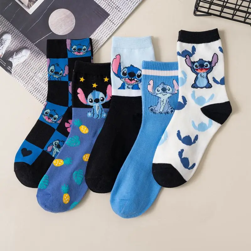 New Disney Anime Cartoon Kawaii Stitch calzini in puro cotone calzini di media lunghezza regalo di compleanno in cotone pettinato per ragazze amici