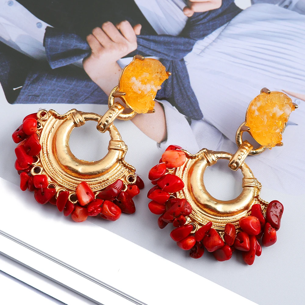 Bohemian Fashion Multicolor Resin Stone Decor Big Dangle Drop Earrings For Women Luxury Design Unusual Party Jewelry Accessories