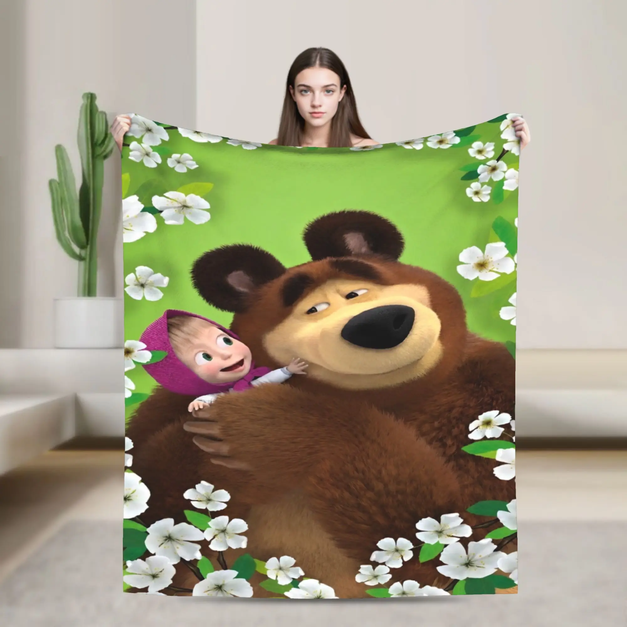 M-Mashas and B-Bears White Blossom Blanket  Super Warm Novelty Plush Throw Blanket For Girls Boys Flannel Bedspread Bed Cover