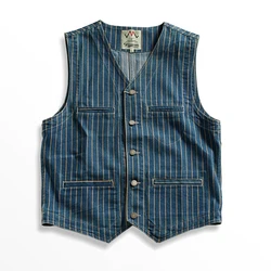 May Khaki denim vest men fashion vintage do old striped vest multi-pocket V-neck folded wear cargo vest men