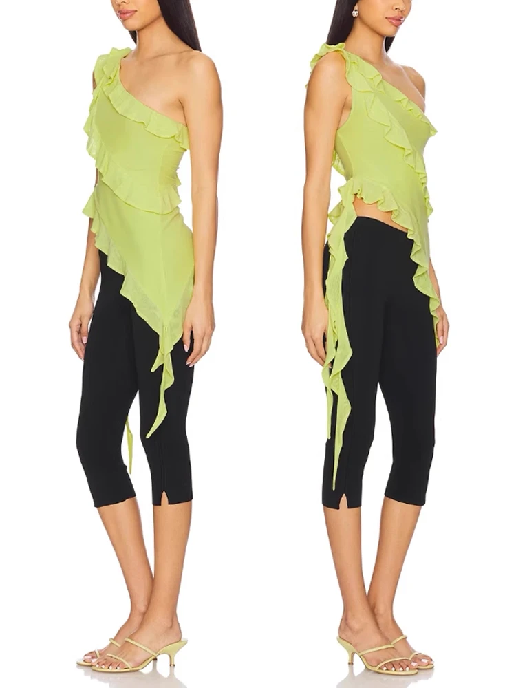 Slim Fit Sleeveless Asymmetrical Hem Chiffon Tank Top Women's Green off Shoulder Design Casual Comfortable Breathable Top