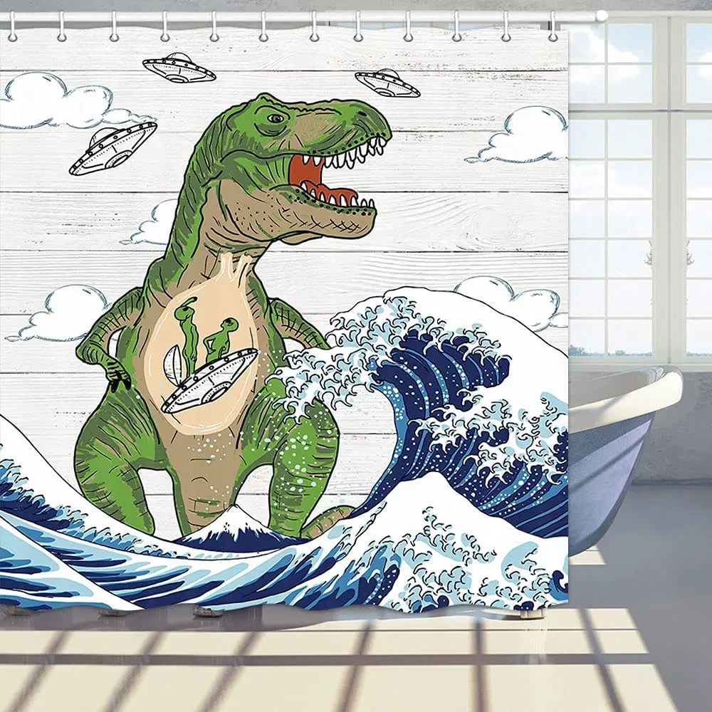 Funny Dinosaur Fabric Shower Curtain Kids Fun Alien UFO T-Rex Dinosaur with Hooks Great Wave Off Kanagawa Bathroom Curtains