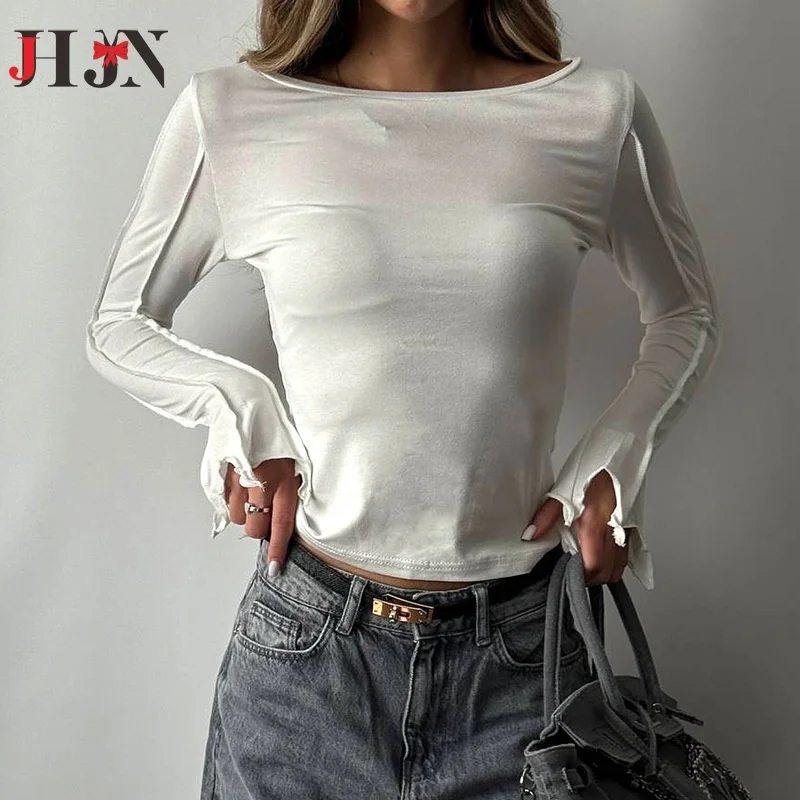 JHJN Irregular Flare Long Sleeve O Neck Solid Color Slim Fit T-Shirt Reverse Side Out Design Tops For Women Spring Wear