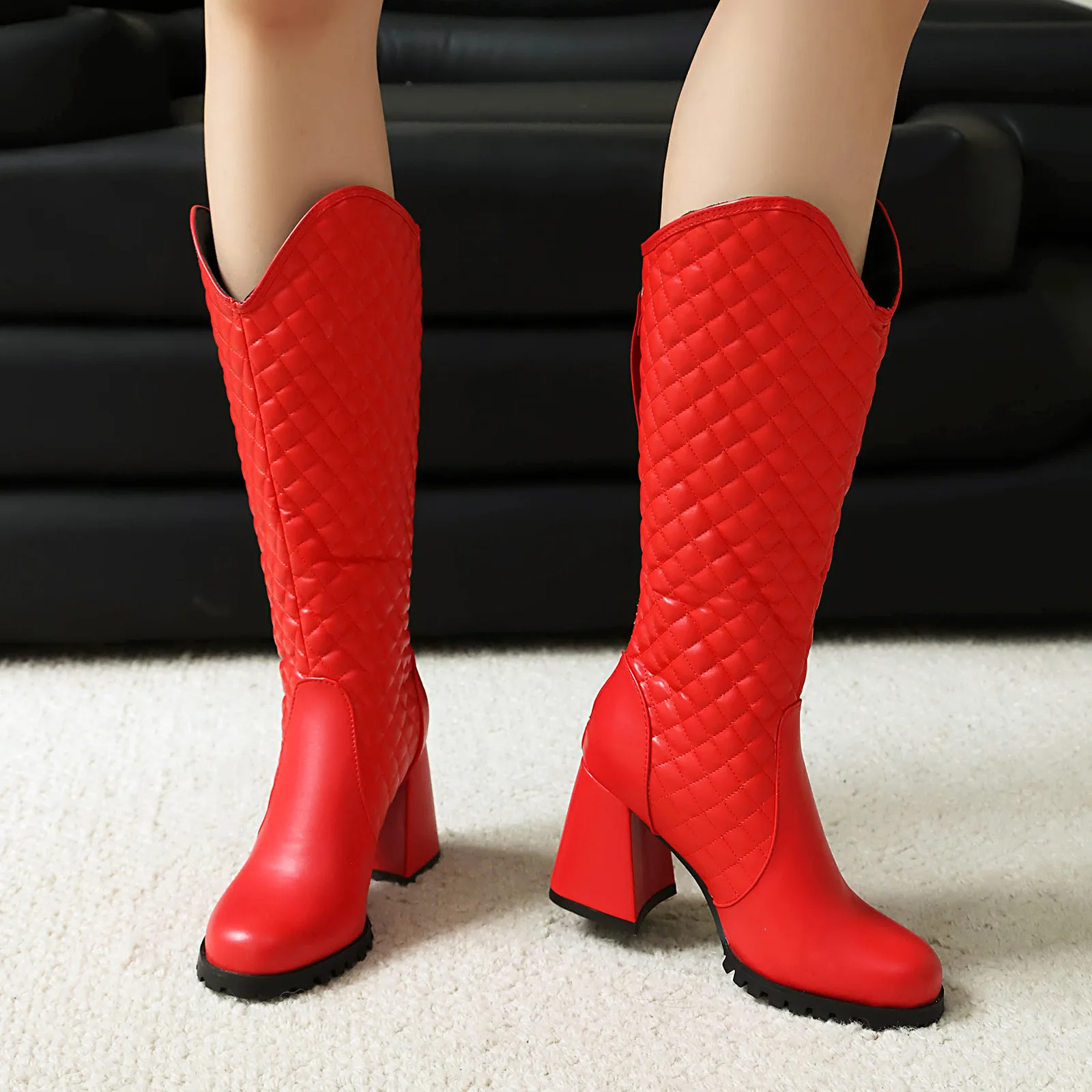 

Женские сапоги до колена, осенне-зимние модные повседневные ботинки с круглым носком на массивном каблуке и кожаным стеганым узором на боковой молнии