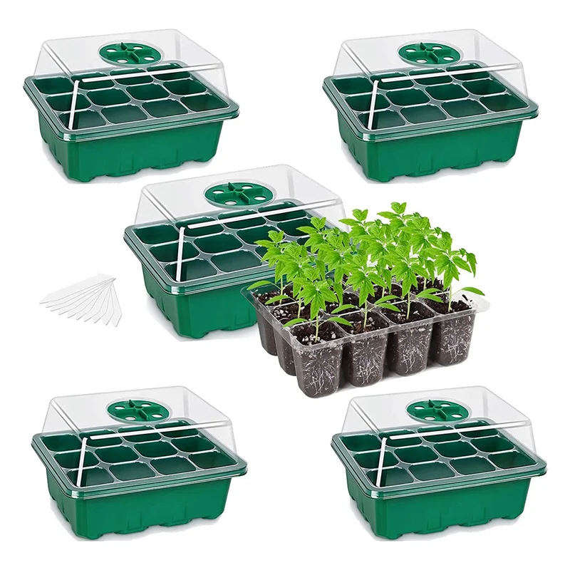 5-PCS Seed Starter Tray Seedling Starter Kits, Plant Starter Kit with Humidity Domes and Base (12 Cells Per Tray)- Green