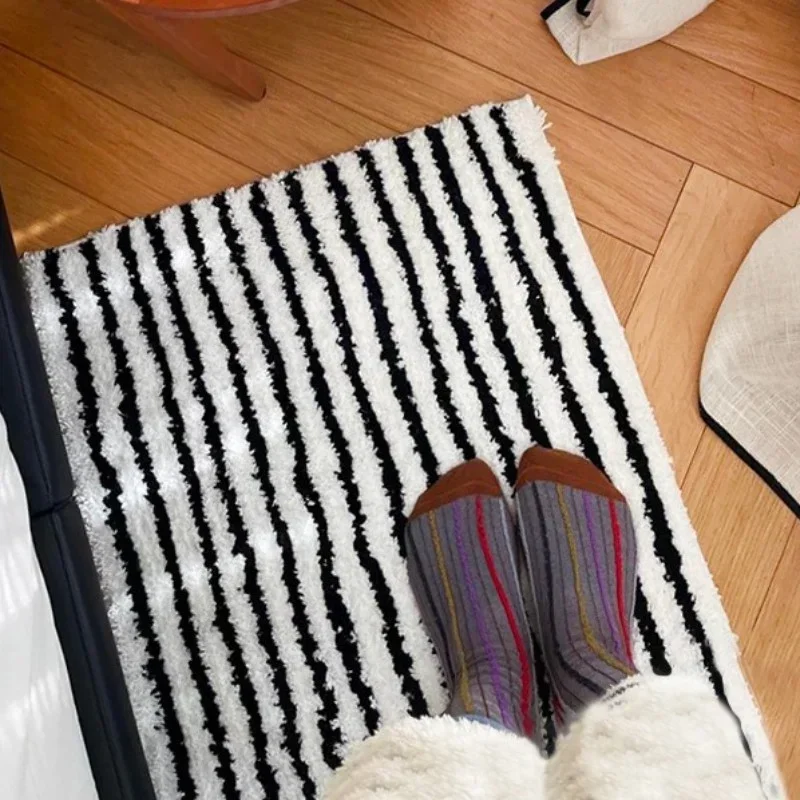 Flocking Striped Rugs for Bedroom Bedside Soft Plush Entrance Door Mat Simple Style Anti Slip Living Room Carpet Area Rug Decor