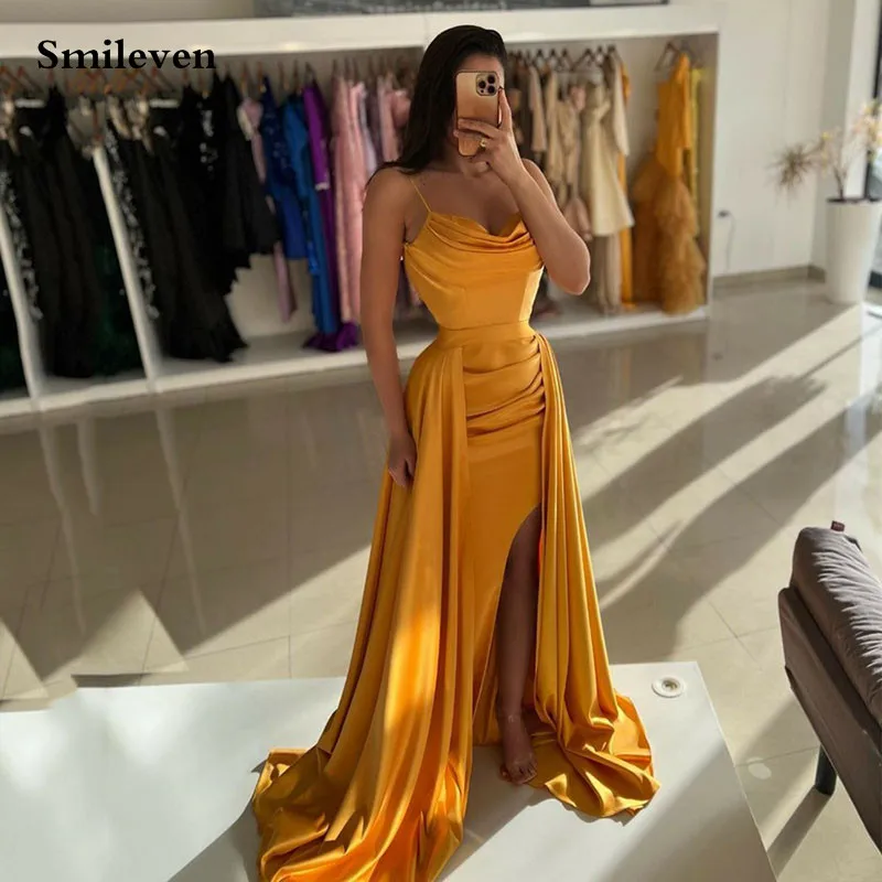 

Smileven Gold Spaghetti Straps Evening Dress With Train Pleats robe de soirée Side Split Bidycon Party Gowns 2024