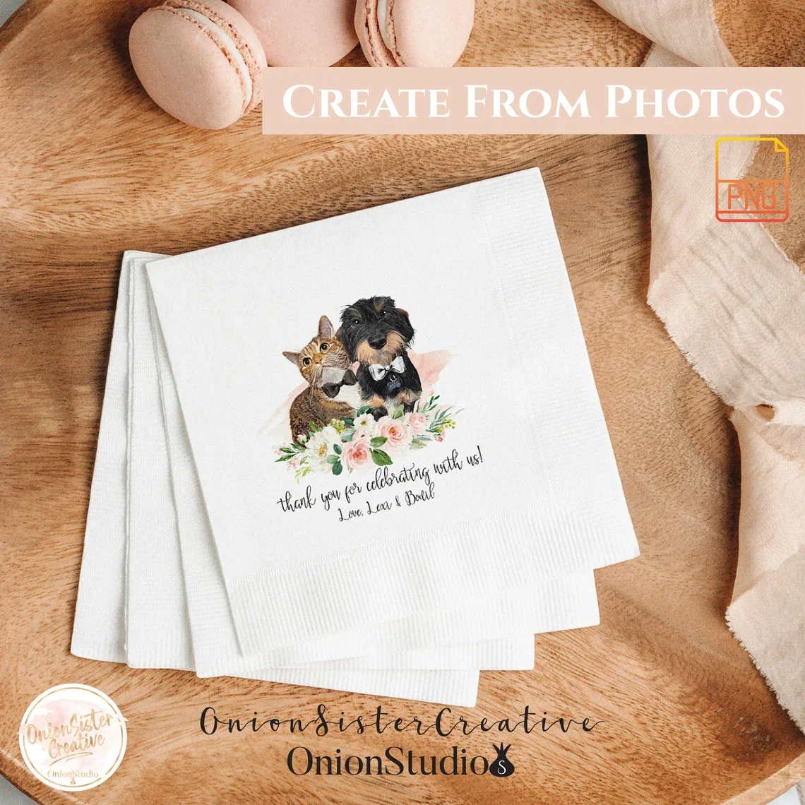 Custom Pet Cocktail Napkins, Dog Wedding Napkins,  Pet Cocktail Napkins, Customized Pet Napkins, Pet Memorial Wedding Napkins