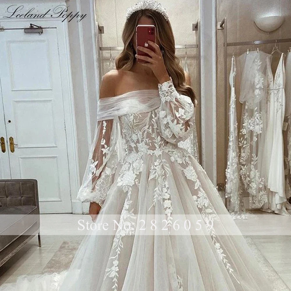 Lceland Poppy Customized A Line Boat Neck Tulle Wedding Dresses Full Sleeves Lace Appliques Bridal Gowns with Chapel Train