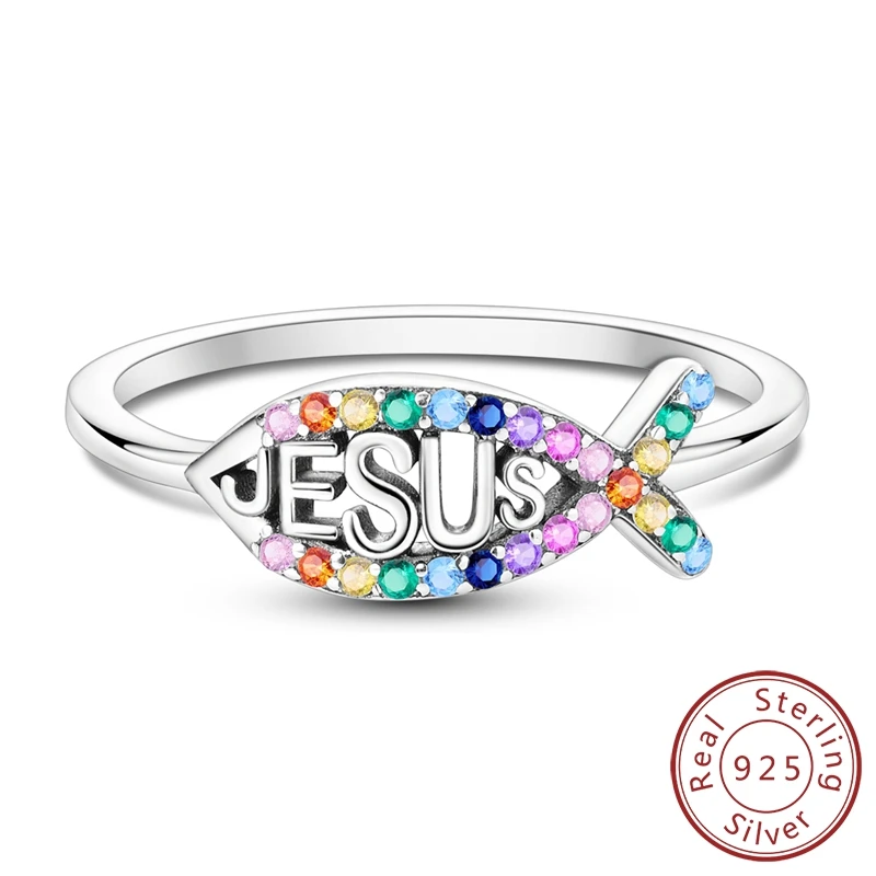 

925 Sterling Silver Jesus and Fish Simple Ring Colored Zirconium Fashion Luxury Bands for Women Party Anniversary WeddingGift