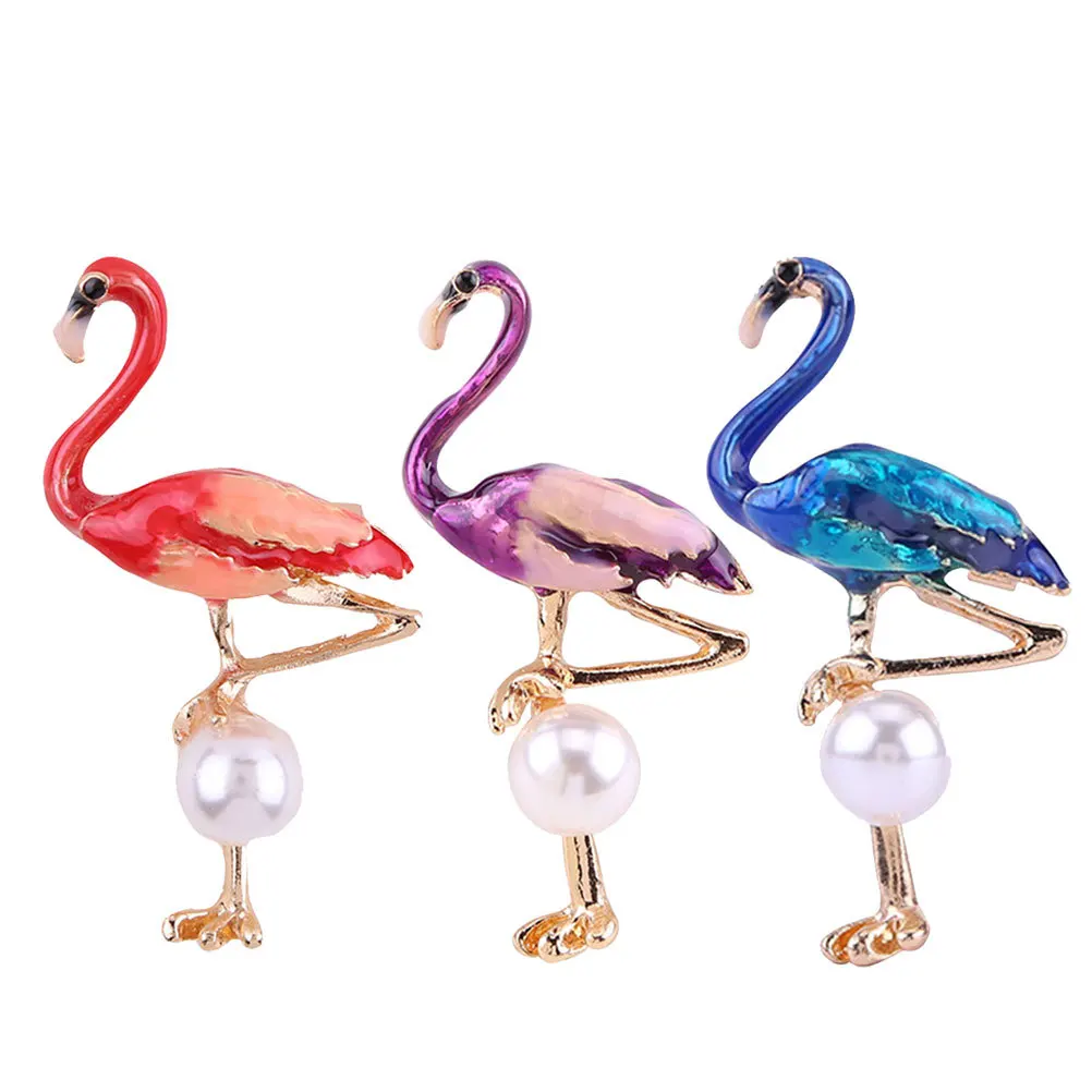 3pcs Flamingo Brooch Alloy Pin Red Purple Blue For Women Girls Fashion Jewelry Dress Accessory Party Wedding Ceremony Decor