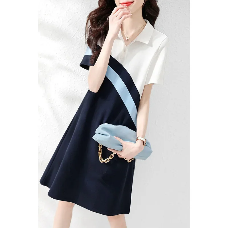 

Fashion Lapel Button Spliced Loose Color Mini Dress Female Clothing 2024 Summer New Short Sleeve Asymmetrical Casual Dresses