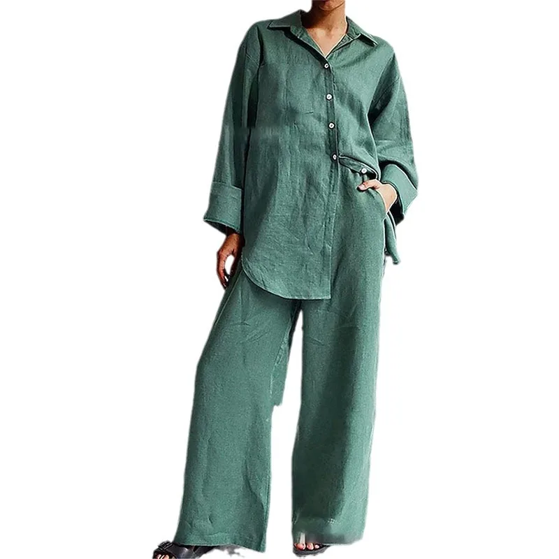 2024 New In Women Pants 2 Piece Sets Women Outfit Spring Autumn Lady Casual Linen Solid Color Loose Tops And Wide Legs Pant Suit