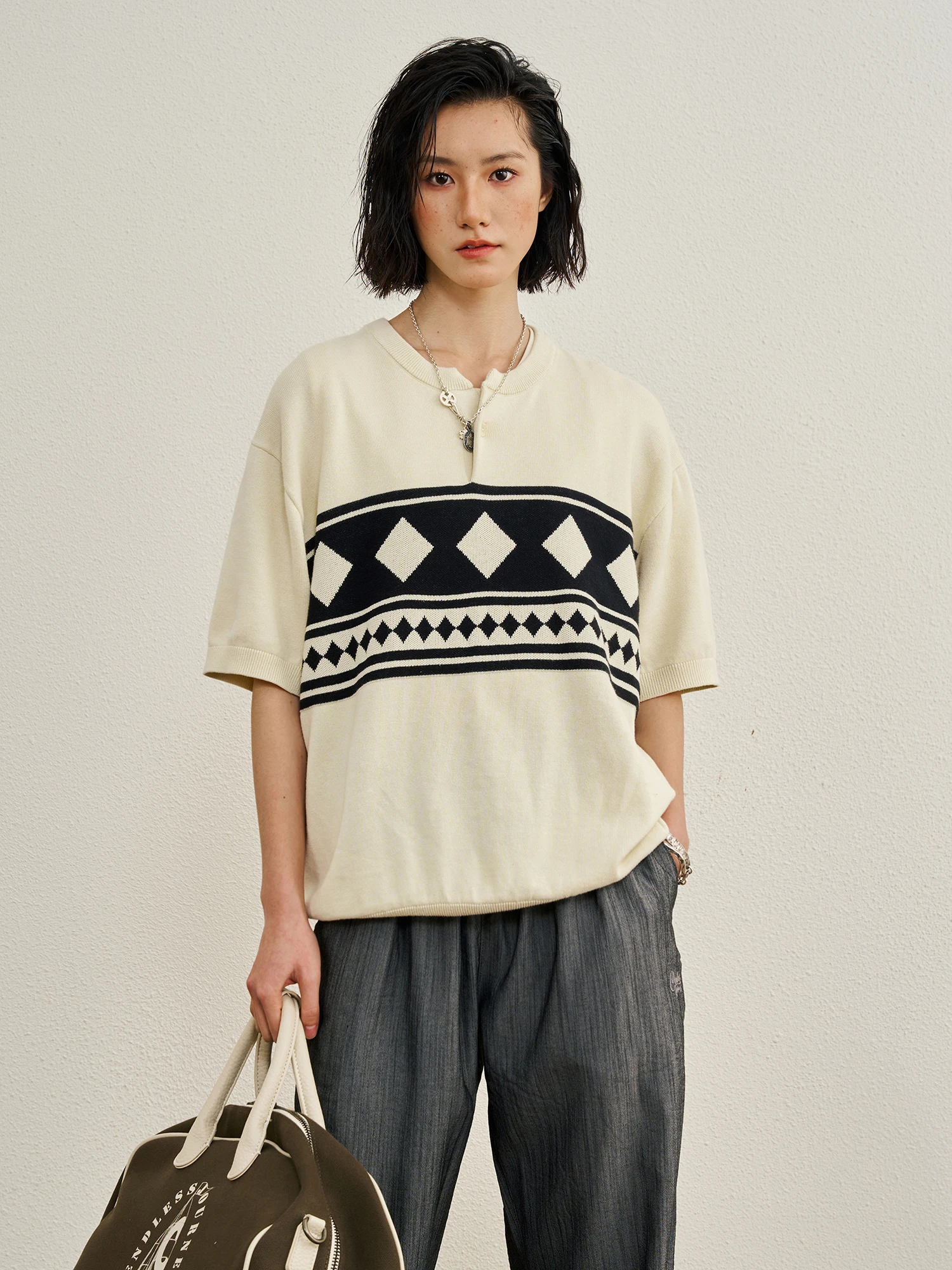 CENLES SS26 Spring Vintage Geometric Embroidery Henry Collar Knitted T-Shirt High Intelligence Sensation Casual Versatile Cot...