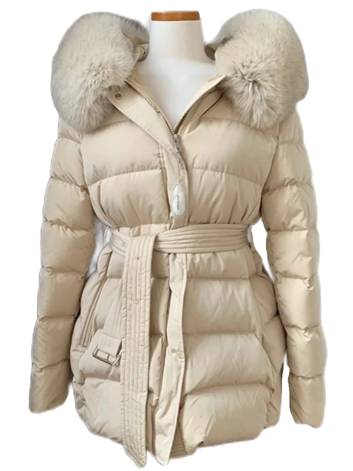 Jaet de plumón de longitud media para mujer coreana Sle con cinturón y cuello de piel grande prendas de vestir exteriores de invierno Faion plumón blanco