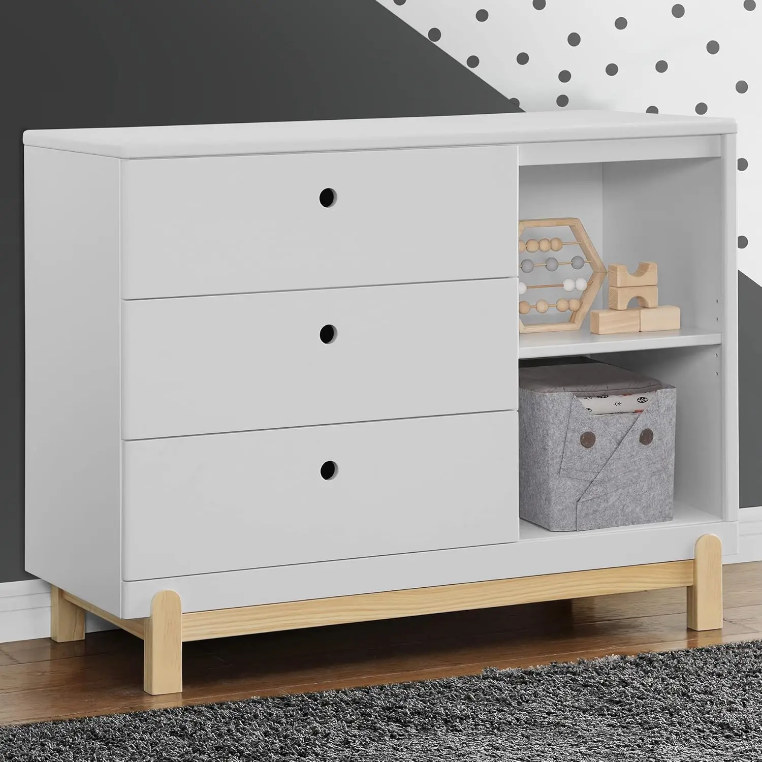 Children Poppy 3 Drawer Dresser with Cubbies, Bianca White/Natural