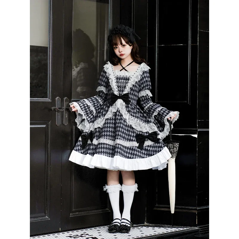 

Harajuku оригинальный дизайн ретро готический клетчатый платье с квадратным вырезом и вышивкой с длинными рукавами Лолита элегантная сказочная принцесса для девочек