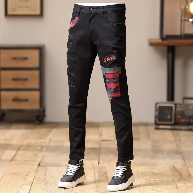 High Street Fashion Men Jeans Black Stretch Slim Fit Ripped Jeans Men Vintage Trousers Patch Designer Hip Hop Denim Pants Hombre