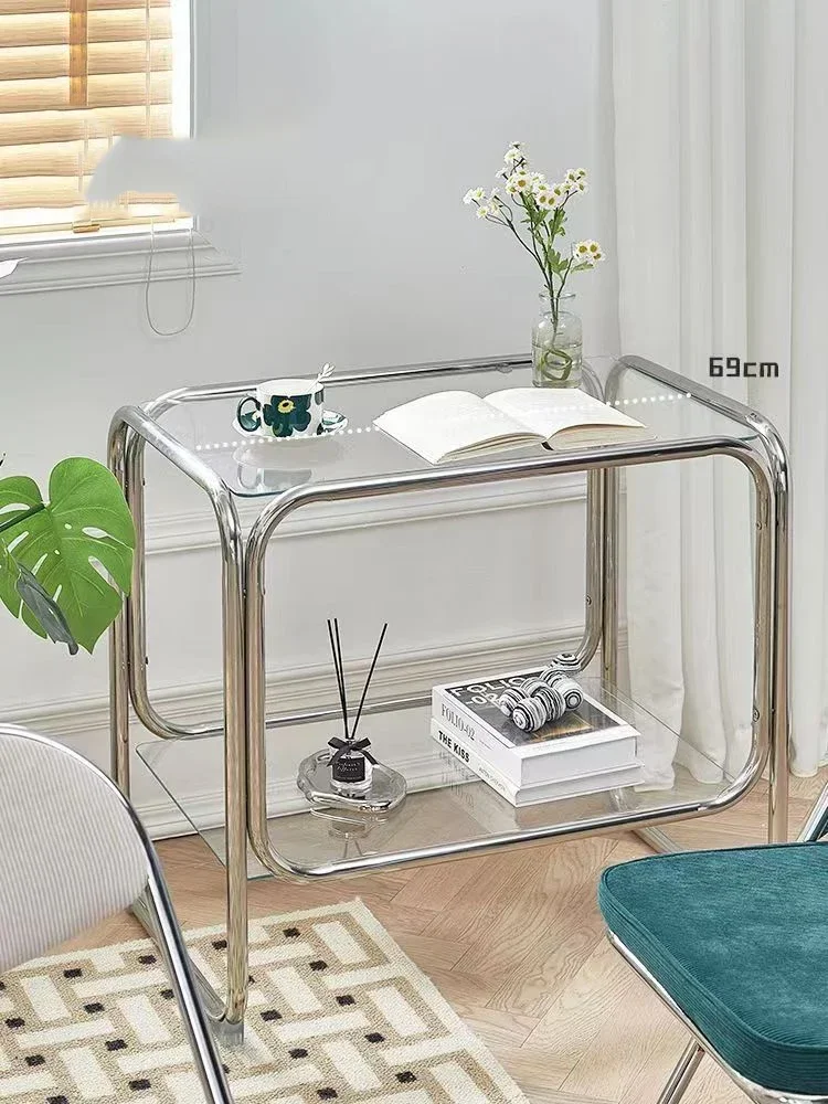 Nordic style double-layer storage stainless steel coffee table storage corner table small sofa furniture glass side table