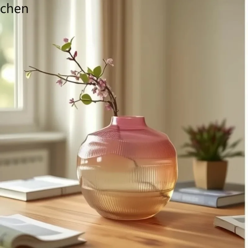 YFY  irregular ripple gradient glass vase - high-value decorative ornament for home, living room, study, and dining table