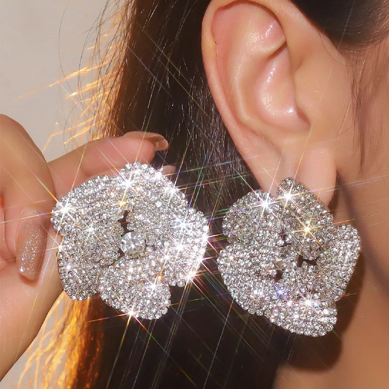 FYUAN Full Rhinestone Crystal Stud Earrings Oversize Flower Crystal Earrings for Women Party Weddings Jewelry Gifts