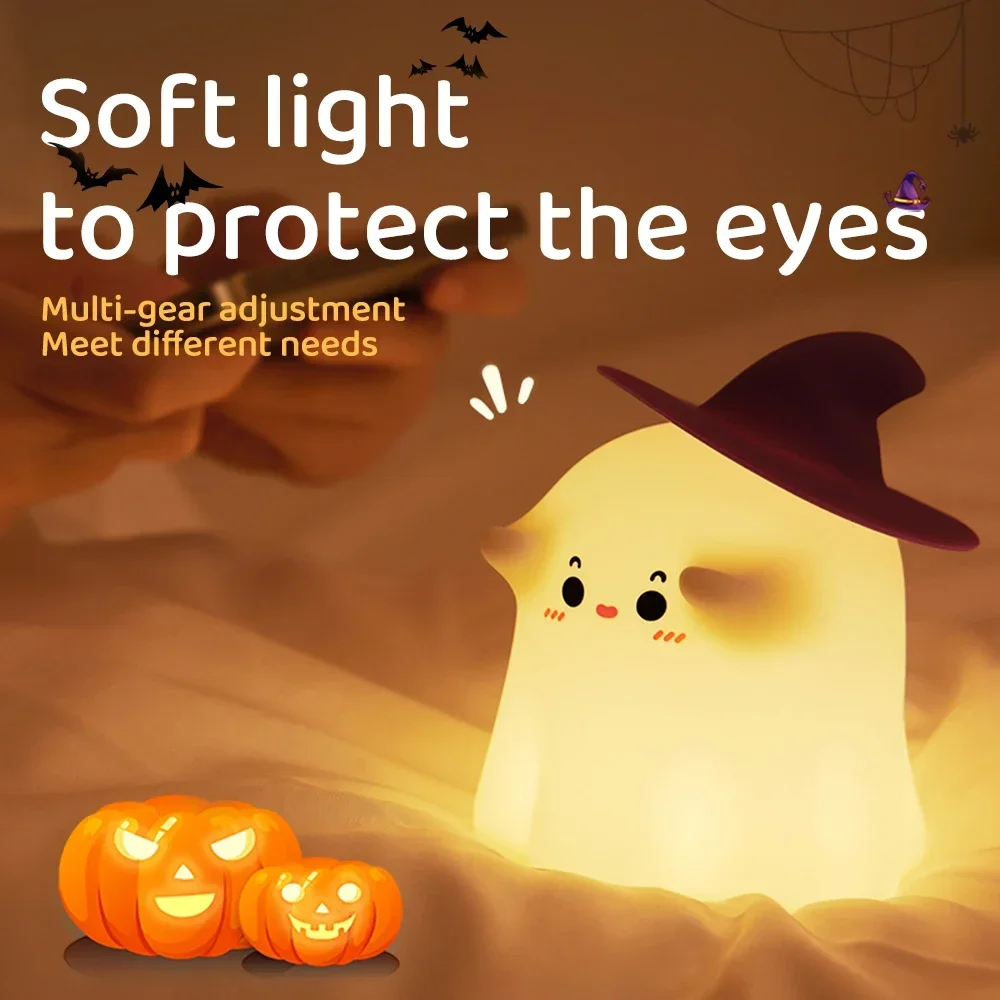 Imagem -02 - Engraçado Fantasma Led Night Light Regulável Recarregável Nightlights Nursery Silicone Beside Touch Lamp For Kids Room Decoração de Halloween