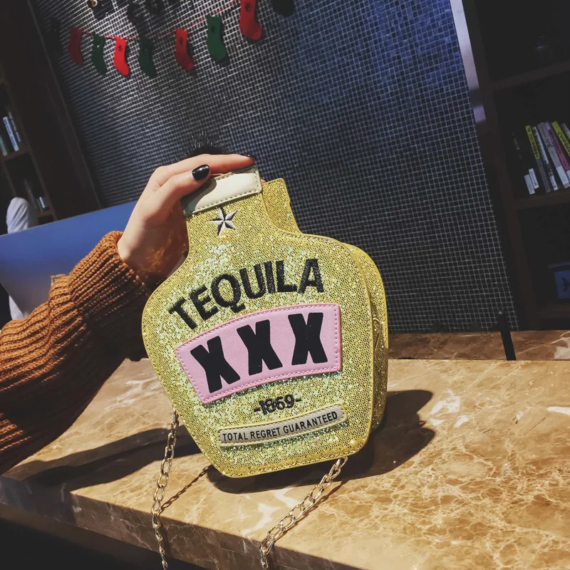 

Забавная сумка для женщин, цепочка с лазерными блестками, сумка для бутылки вина, светоотражающая персонализированная вышивка букв, сумка на плечо, модная