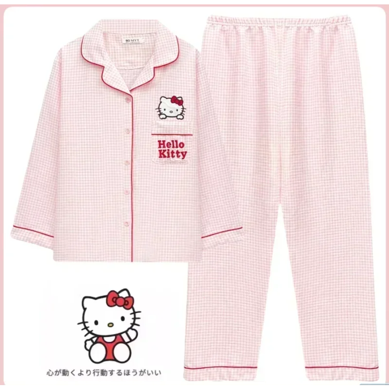 Sanrio Hello Kitty Silk Pajamas Women\'s Autumn Cotton Long Sleeve Pants Loose Casual Loungewear Women\'s Pajamas Pants Set