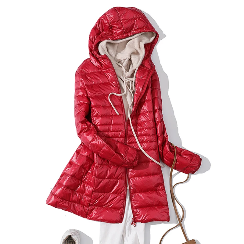 0-10 ℃   Luz fina para baixo jaqueta feminina 2025 outono inverno fino longo com capuz quente pato branco para baixo casaco feminino outerwear streetwear