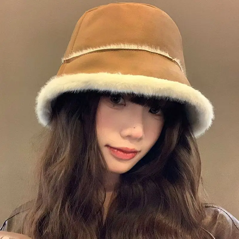 Fisherman Hat Retro Suede Women's Autumn and Winter Thickened Versatile Plus Velvet Warm Plush Bucket Hat