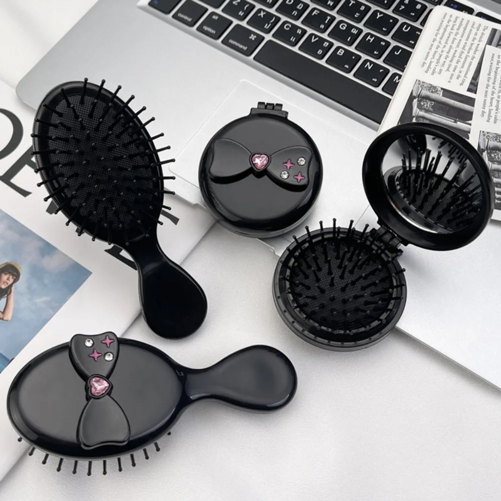 Kawaii Y2k Black Bow 2 in 1 Comb Mirror Set Pocket Mirror Mini Air Bag Hair Comb Cartoon Girl Heart Foldable Hair Brush Travel