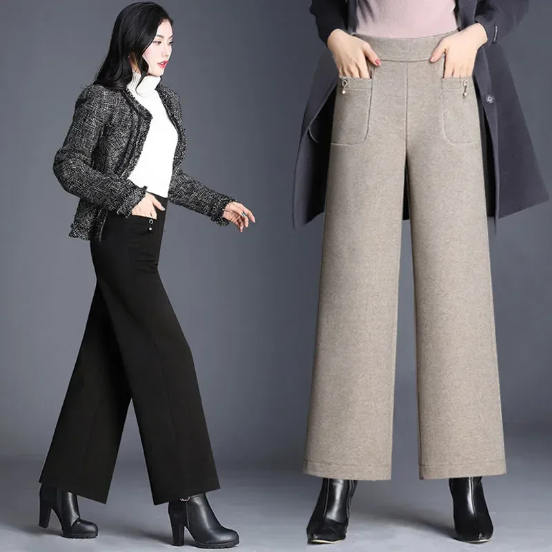 

Fall Winter Thick Woolen Wide Leg Pants Women Casual High Waist Loose Straight Pantalones Korean Wool Blend Ankle Length