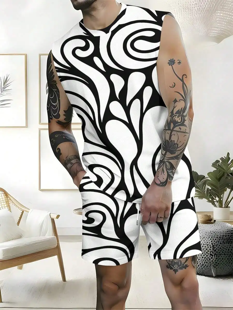 Conjunto de Camiseta sin Mangas de Hombros Anchos y Pantalones Cortos de Playa con Patrón de Ondas Abstractas, Estilo Europeo y Americano, Primavera, Verano, Otoño 2026