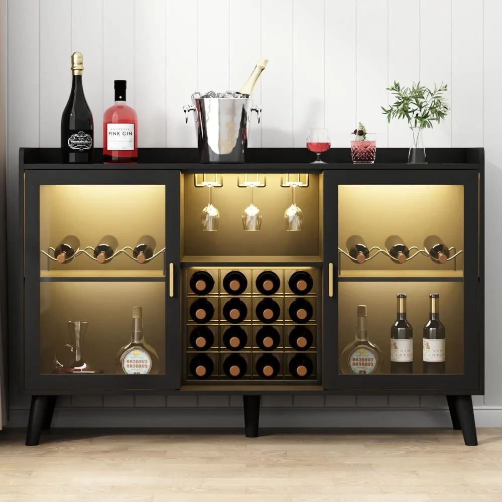 

Modern Wine & Cocktail Cabinet with LED Light, Home Bar w Wine Rack and Glass Holder, Kitchen Buffet with Storage, Freestanding