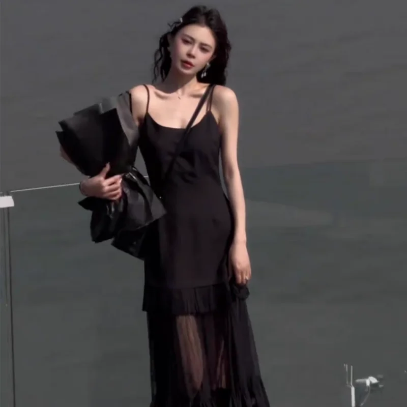 Black Mesh Patchwork Camis Dress Women Korean Fashion Sexy Party Dress Summer Harajuku Slim All Match Spaghetti Strap Vestidos