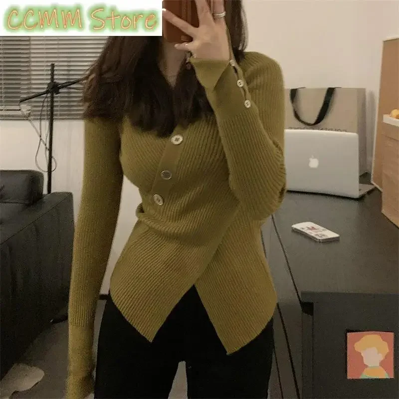 New Autumn Winter Pure Desire Irregular Thin V-neck Sweater Women's Pullover Cross Fit Split Long Sleeve with Bottom Knit Top