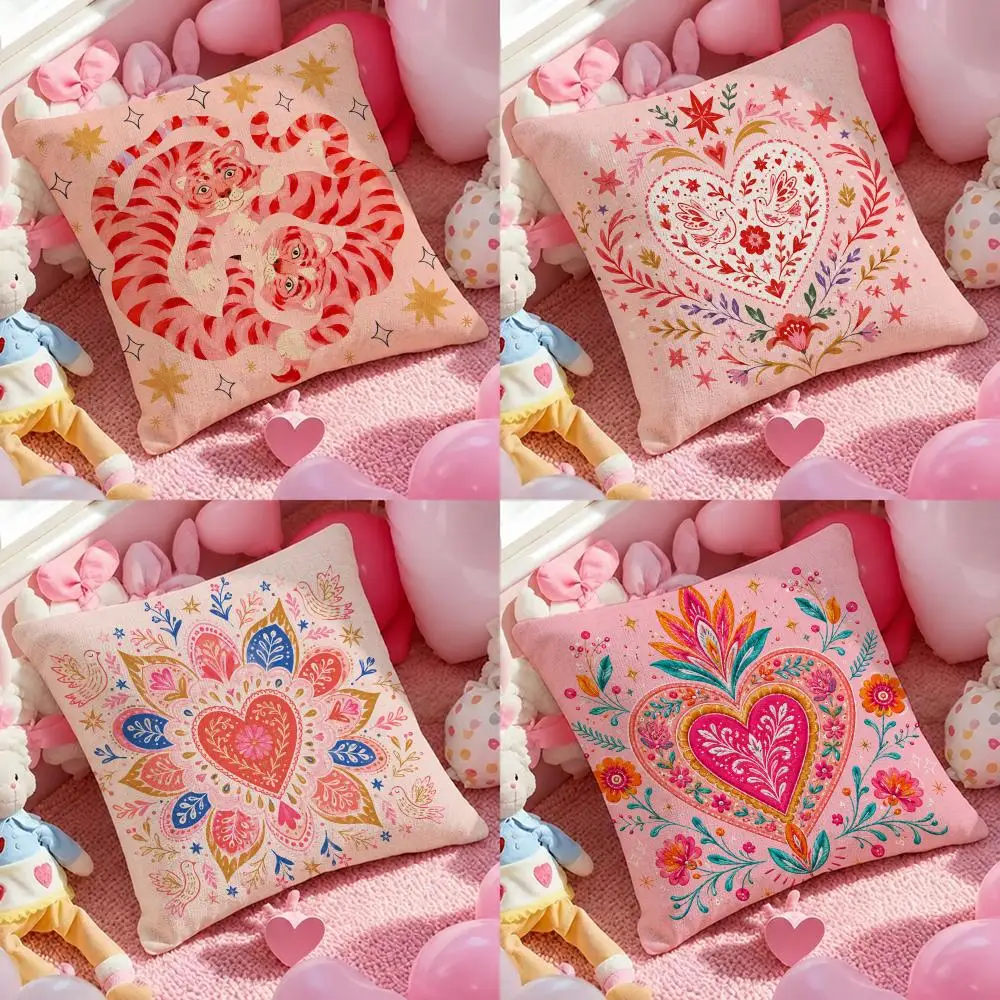 Cute Cartoon Flowers Fashion Cushion Cover Pink Linen Textured Double Sided Cushion Cover with Invisible Zipper for Home Decor